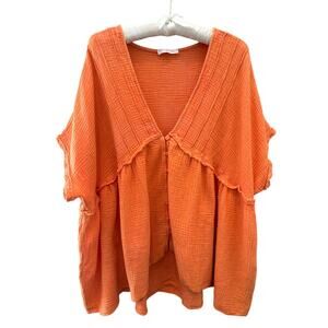 CES FEMME | Orange Textured Cotton Gauze Babydoll Top | 3XL